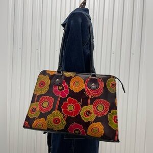 Vintage Hand Painted Floral Leather Underarm Dome Bag Purse made in India
